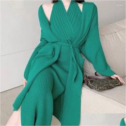 Work Dresses Women Knitting Suits Korean Sweet Spring Autumn Fl V-Neck Long Loose Cardigan Slim Dress Designer Sets All-Match Drop Del Otj2F