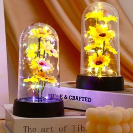 Sunflower Night Light Eternal Flower Glass Cover Lamp Shade Rose LED Foil Creative Desktop Decor 240314