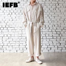 Overalls IEFB men's clothing overalls suit with belt Korean fashion loose one piece single breasted turn down collar jumpsuit loose Y4303