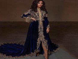 Vintage Navy Blue Velvet Lace Moroccan Kaftan Dresses Evening Wear Long Sleeve Islamic Dubai Saudi Arabic Caftan Prom Party Dress 3613388