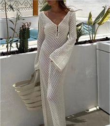 Sexy Women Long Knit Beach Dress HollowOut Deep VNeck Sleeve Bikini CoverUps Fall Backless Holiday 240314