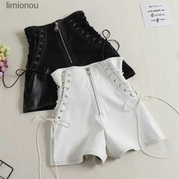 Women's Shorts New Summer Women PU Shorts Tie Bow Bandage High Waist Shorts Casual White Black Leather Shorts Ladies All Match Wide Leg PantsC243128