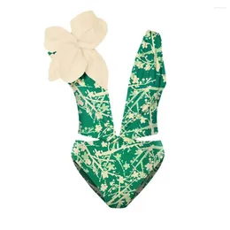 Women's Swimwear Deep V Floral Print One Piece Swimsuit Green Women With Cover Up String Bathing Suits 2024 Luxury Shorts Bourkini