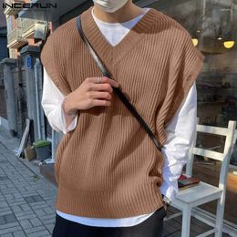 Men's Sweaters INCERUN Tops 2024 Korean Style Mens Striped V-neck Detachable Sleeve Design Pullover Casual Solid Long Sleeved Sweater S-5XL