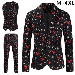 Suits Funny Christmas Cartoon Printed 3 Piece Suit for Men Xmas Party Stage Dress Up Blazers + Vest + Trousers Plus Size Costume Homme