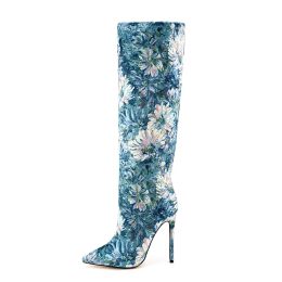 Boots New Women Knee High Boots Sexy Ladies Pointed Toe Stiletto Flower High Heels Botas Mujer 2023 Autumn Party Boots Big Size 3447