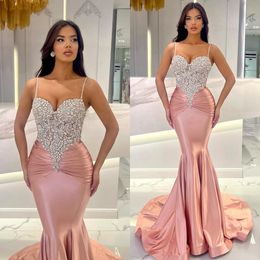 Stunning pink mermaid prom dress crystal covered top straps formal evening dresses elegant dresses for special occasions sweep train pleats robe de soiree