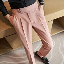 Men High Waist Casual Dress Pant 2024 Autumn New British Style Pink Trousers Formal Office Social Wedding Party Dress Suit Pants 240318