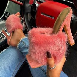 HBP Non-Brand Women Sandals New Fluffy Fur Thin Heel Big Size Square Peep Toe Ladies Footwear Summer Fur Fashion Sandals Slides Slippers