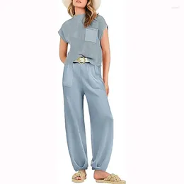 Women's Two Piece Pants Women Suit 2024 Autumn Solid O-neck Short Sleeve Pocket Top And Wide Leg Pant Sets Fashion Casual Commute