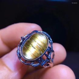 Cluster Rings Natural Gold Rutilated Quartz Adjustable Ring 13.5/9mm 925 Silver Women Ball Yellow Beads