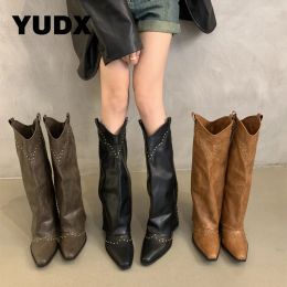 Boots Rivet Western Cowboy Knee High Boots Ladies 2023 New Female Vintage Thick Heels Slip On Pumps Women Knight Cowgirl Shoes Solid