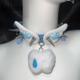 Kukeita Handmade Plush Teeth Rivet Wings Cute Star Leather Choker Necklace Gothic Punk Streetwear Girl Y2k Accessories 240315