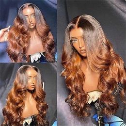 Synthetic Wigs Ombre Brown 5x5 Silk Base 30inch 250% Density Natural Wave Je European Human Hair Wigs For Women with Baby Hair Preplucked 240328 240327