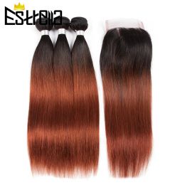 Closure Ombre Red Brown Hair Bundles With Closure Straight Coloured Bundles with Lace Closure Peruvian Human Hair Bundles With Closure