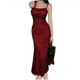 Casual Dresses French Women's Sleeveless Bodycon Corset Maxi Dress Wine Red Spaghetti Strap Ruched Elegant Evening Party Long Vintage