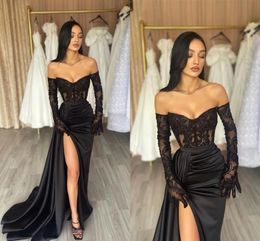 Sexy Black Split Evening Dresses A Line Sweetheart Lace Appliques Satin Prom Gowns Women Formal Occasion Vestidos BC16794