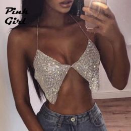 Tops Sexy Women Silver Gold Bling Rhinestones Tank Tops Halter Backless Crop Top Club wear Show Metal Link Chain 2022 Summer New