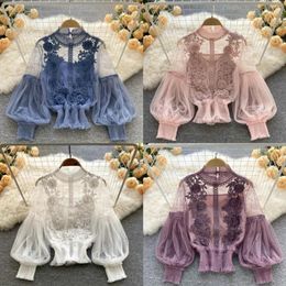 Women's Blouses Shirts Women Spring Long Lantern Sleeve Short Top Woman Vintage Flower Perspective Mesh Lace Slim Fit Shirt