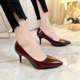 Boots New Women Pumps Black High heels 8cm Lady Patent leather Shallow Thin Heels Autumn Pointed Single Shoes SlipOn Female Shoes
