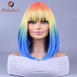 Synthetic Wigs European and American wig short straight hair multi-color gradient fashion wig female air fringe breathable whole head cover 240328 240327