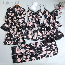 Sexy Pyjamas Nighty Pyjamas Set Robe Gown Sexy 5PCS Nightsuits V-Neck Sleep Suit Nightshirts Kimono Pyjama Home Clothes 24318