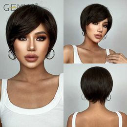 Synthetic Wigs Short Straight Dark Brown Wig Synthetic Pixie Cut Daily Wig with Bangs for Black Women Heat Resistant Fibre Cosplay Natural Hair 240329
