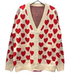 Women's v-neck love heart print pattern knitted loose sweater cardigans SMLXL