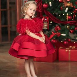 Lovely Red Tulle Satin Feathers Knee Length Flower Girl Dress Girl's Pageant Dresses Birthday Dresses Girl's Skirt Custom SZ 2 4 6 8 10 12 D318003