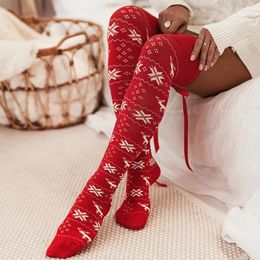 Women Socks Women's Knit Thigh High Christmas Autumn Spring Contrast Color Snowflake Print Long Stockings With Satin Thick