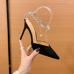 Dress Shoes Crystal Rhinestone Chain Pumps Rome Sandals Black Rose Flock Women Pointed Toe Stilettos High Heels Summer Party