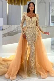 Luxurious Champagne Mermaid Evening Dresses With Detachable Skirt Arabic Dubai Vintage Sheer Long Sleeves Beads Pearls Lace Appliques Occasion Gowns Prom BC18400