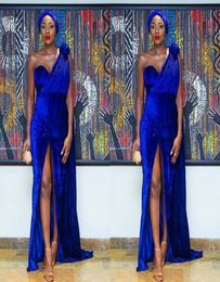 Nigeria Model Piece Blue Velvet Mermaid To long Legs Open Fork And Sexy Arabic Special Prom Dress1050620