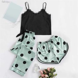 Sexy Pyjamas 3-piece Set of Sexy Pyjamas for Women Eyelashes Lace Satin Sleepwear Cami Tops Shorts Panties Lingerie Pyjamas Nightwear 24318