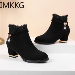 Boots 2020 new Elegant Ankle Boots Women's Lace Short Boot Lady Fashion Evening Party High Heel Shoes Suede Botas Classic Black