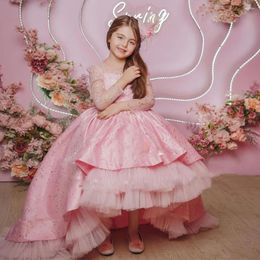 Girl Dresses Pink Sequins Flower Dress For Wedding O-neck Tulle With Bow Puffy Shining Elegant Princess First Communion Ball Gowns