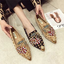 HBP Non-Brand Cherry female lazy flats loafers pointed sequins slip-on shoes womens bling rhinestone rivets flat shoes