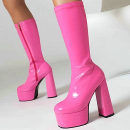 Boots Large Size 3448 Plain Pink White Black Color Platform High Heeled Shoes Women Sexy Stripper Block Heels Kneehigh Stretch Boots