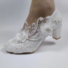 Boots 2022 New Arrival Women Wedding Shoes Bridesmaid Dress Shoes Thick Heeled Med Heel Shoes White Lace Shoes Flower Female Shoes