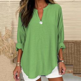 Women's T Shirts Fashion Pullover Casual Solid V Neck Plus Size Loose Colour Blouse 3/4 Sleeve Button Decor Top