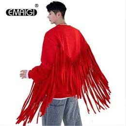 Men's Hoodies Sweatshirts Long Tassle Sweatshirts Male Hip Hop Streetwear Casual Black Red Hoodie Stage Show Clothing 24318