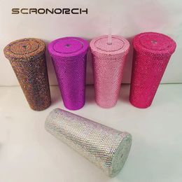 SCAONORCH Rhinestone Double Wall Plastic Tumbler With Lid and Straw Coffee Mug Cups Bling Diamand Large Capacity Water Bottle 240327