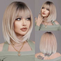 Synthetic Wigs NAMM Ash Ombre Bob Blonde Women Wig for Women Daily Party Short Straight Wigs Synthetic Wigs with Fluffy Bangs Heat Resistant 240328 240327