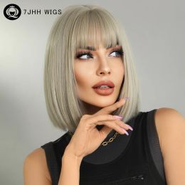 Wigs 7JHH WIGS Short Straight Ombre Platinum Blonde Synthetic Wigs with Bang Bob Wig for WomenCosplay Party Daily Hair Heat Resistant