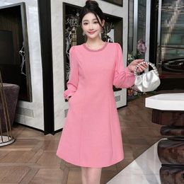 Casual Dresses ZJYT Designer Elegant Beading O Neck Simple Women Dress Long Sleeve Fashion 2024 Spring Pink White Blue Robe