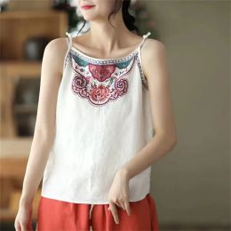 Tops Embroidery Cotton Linen Tank Top Chinese Style Spaghetti Strap Tops Women VNeck Casual Vintage Camis Mujer Tee Shirt Femme