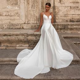 Spaghetti Strap Satin Wedding Dress Elegant A-line Deep V-neck Sleeveless Backless Bride Gowns Simple Vestidos De Novia YD