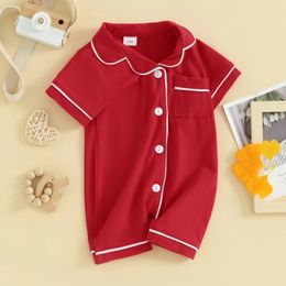 Baby Girls Boys Pyjamas Rompers Summer Kids TurnDown Collar Short Sleeve Sleepwear Buttons Pocket Infant Loungewear Clothes 240313