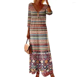 Casual Dresses Vintage Women A-line Dress V Neck For Retro Ethnic Print Long Sleeve Striped Pullover Bohemian