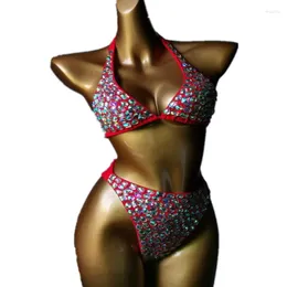 Stage Wear Nightclub Sexy Red Pink Rhinestone Bikini Rave Outfit Women DJ Dancer Party Pole Dance Costume Show Crystal Bra Shorts Set